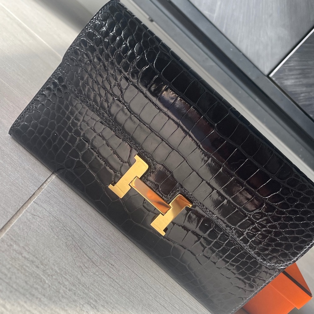HERMES Shiny Alligator Constance Long Wallet - Black with Gold Hardware